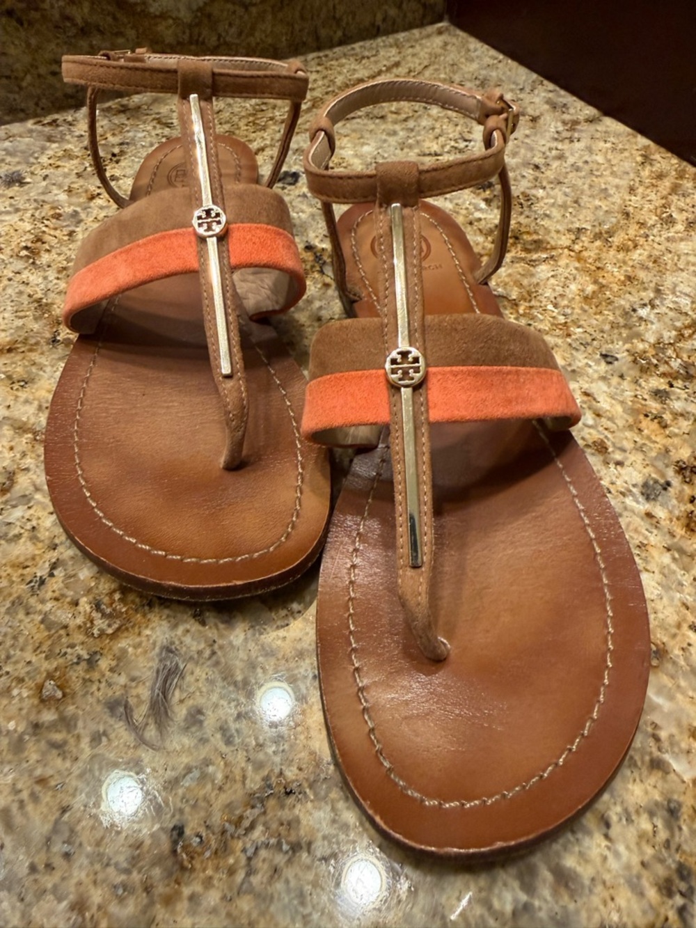 Tory Burch Brown & Orange Suede T-Strap Sandals